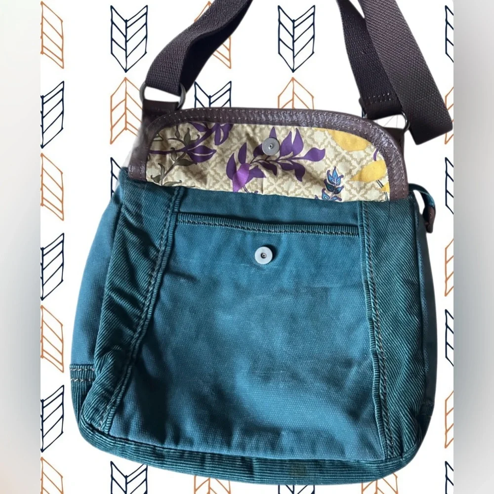 Fossil Teal Green Velvet Corduroy with Brown Leather Trim & Stitching Crossbody